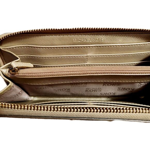 MICHAEL KORS JET SET METALLIC CONTINENTAL ZIP AROUND MK LOGO WALLET - Picture 5 of 10